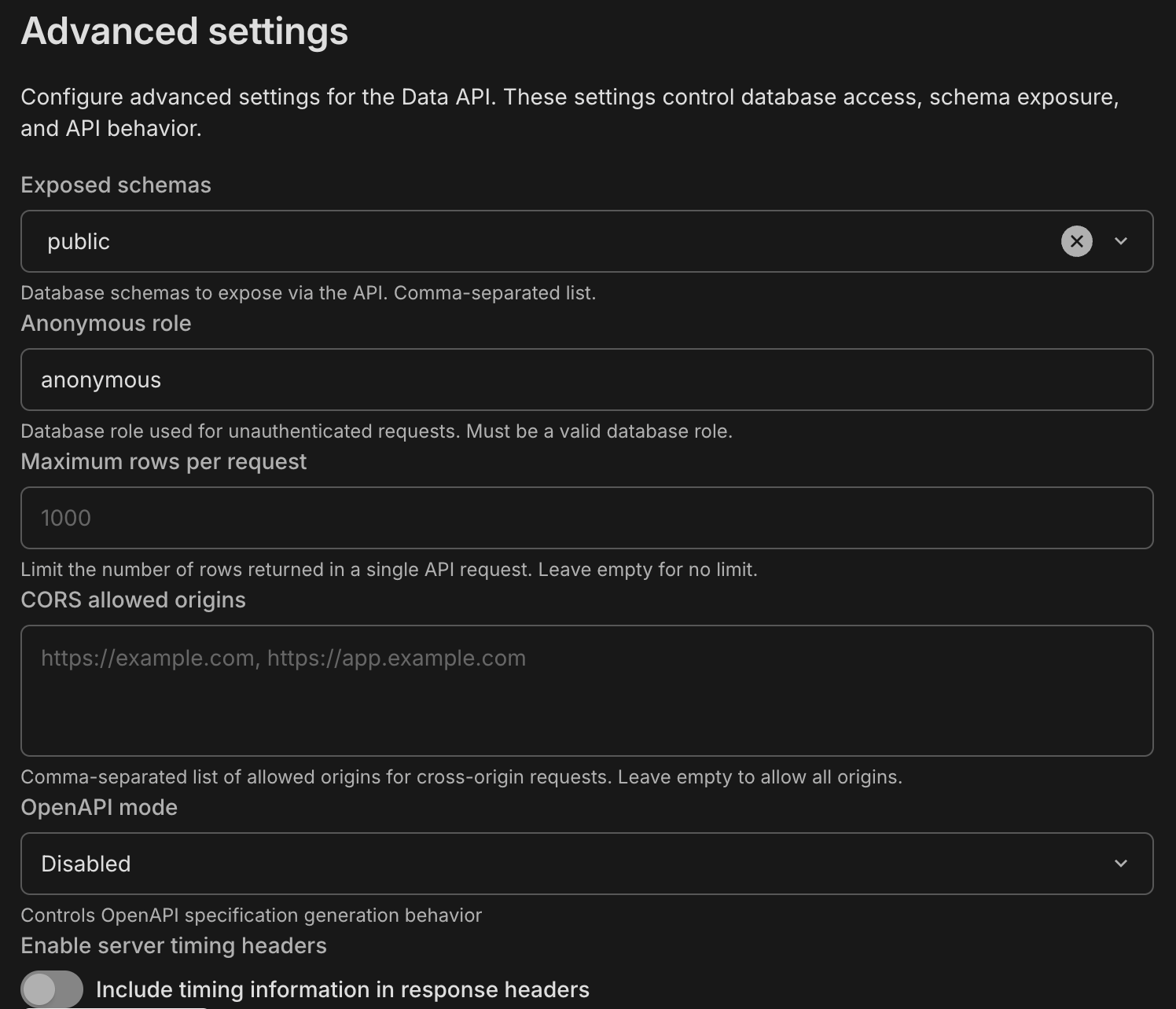 Data API advanced settings