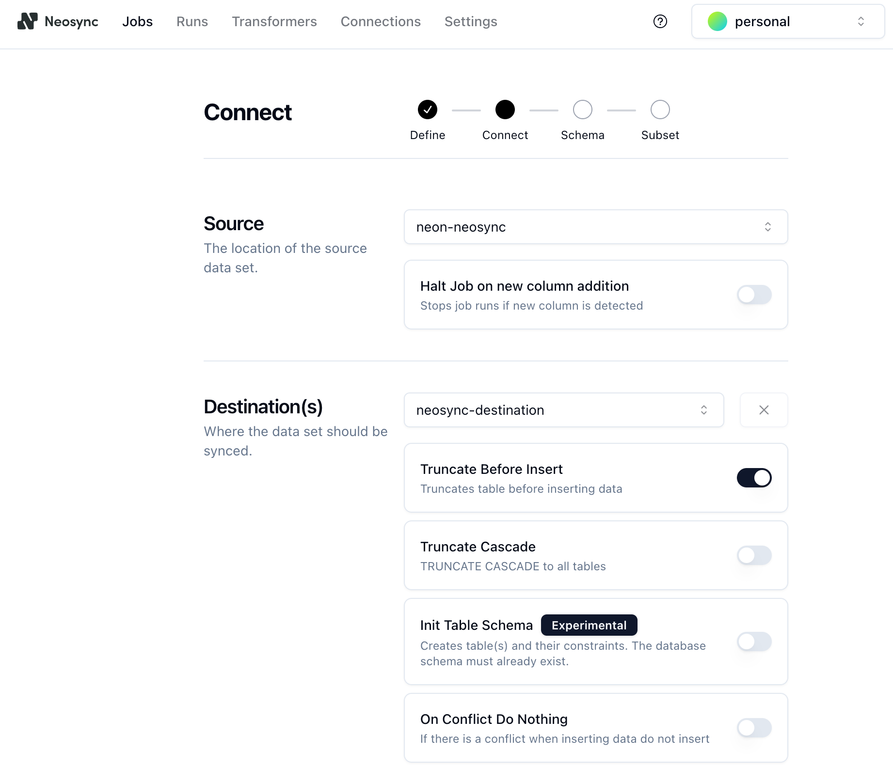 Define Neosync job connection
