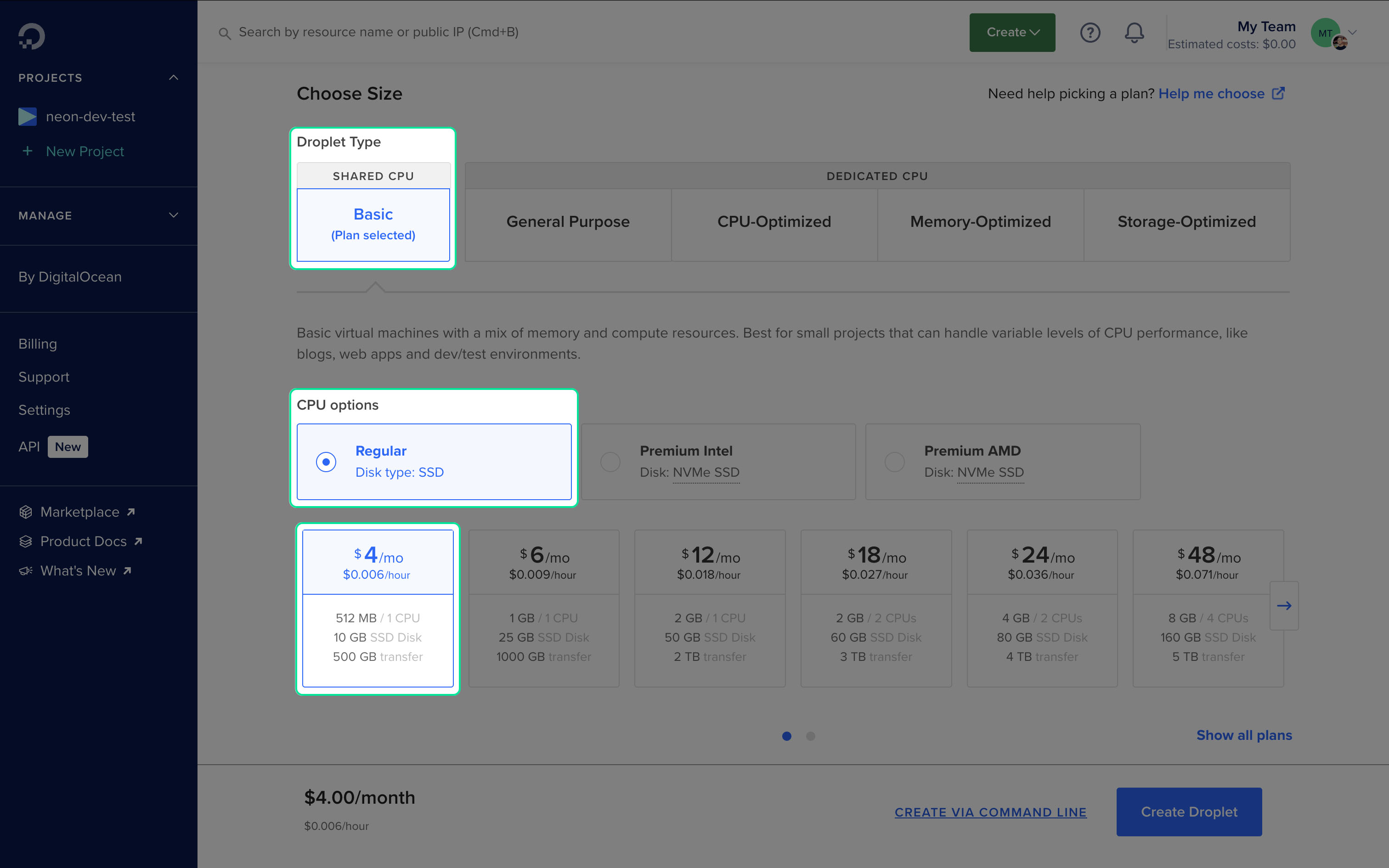 Screenshot of Digital Ocean Droplet Config - CPU Size
