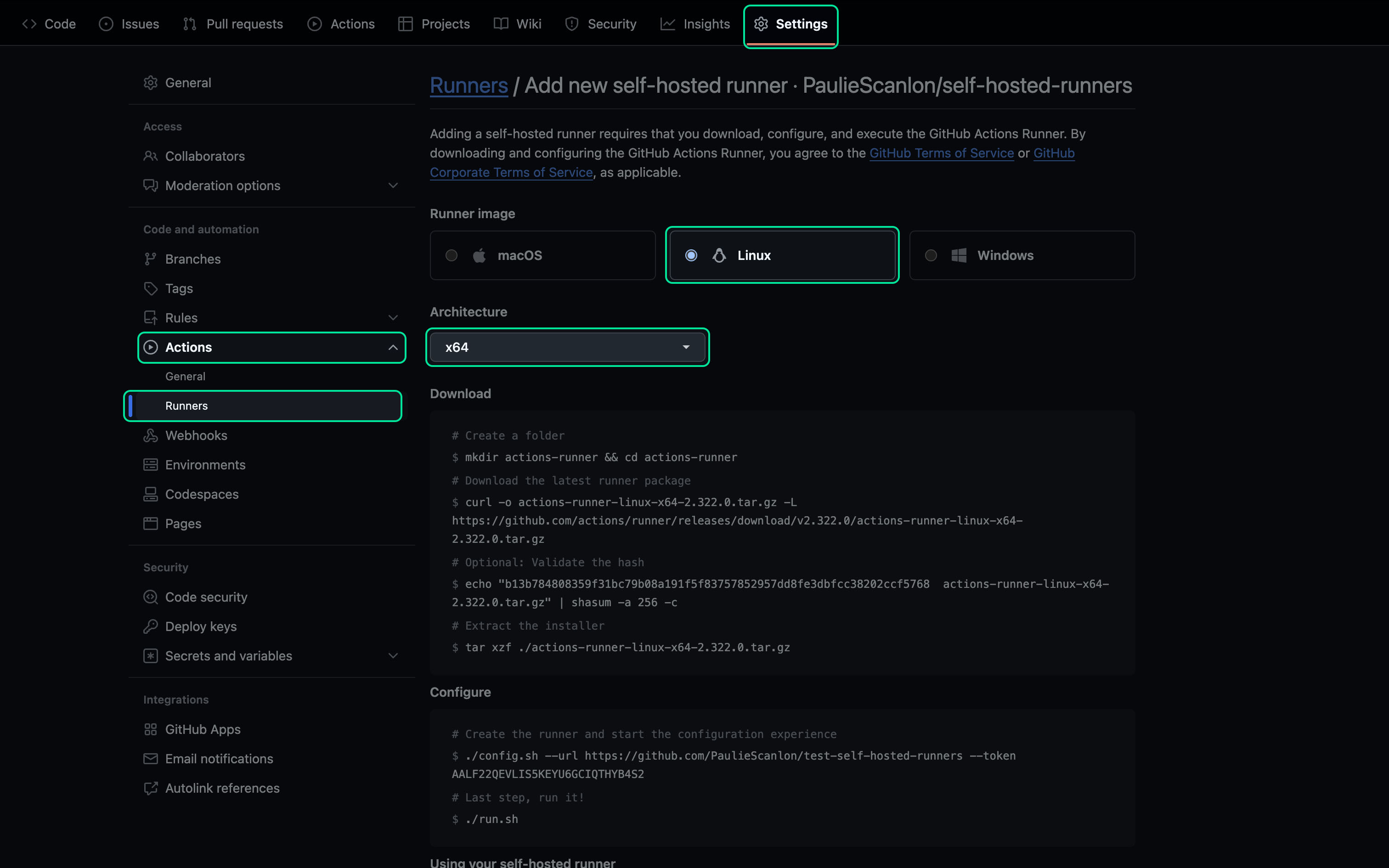 Screenshot of GitHub - Self-hosted Runners