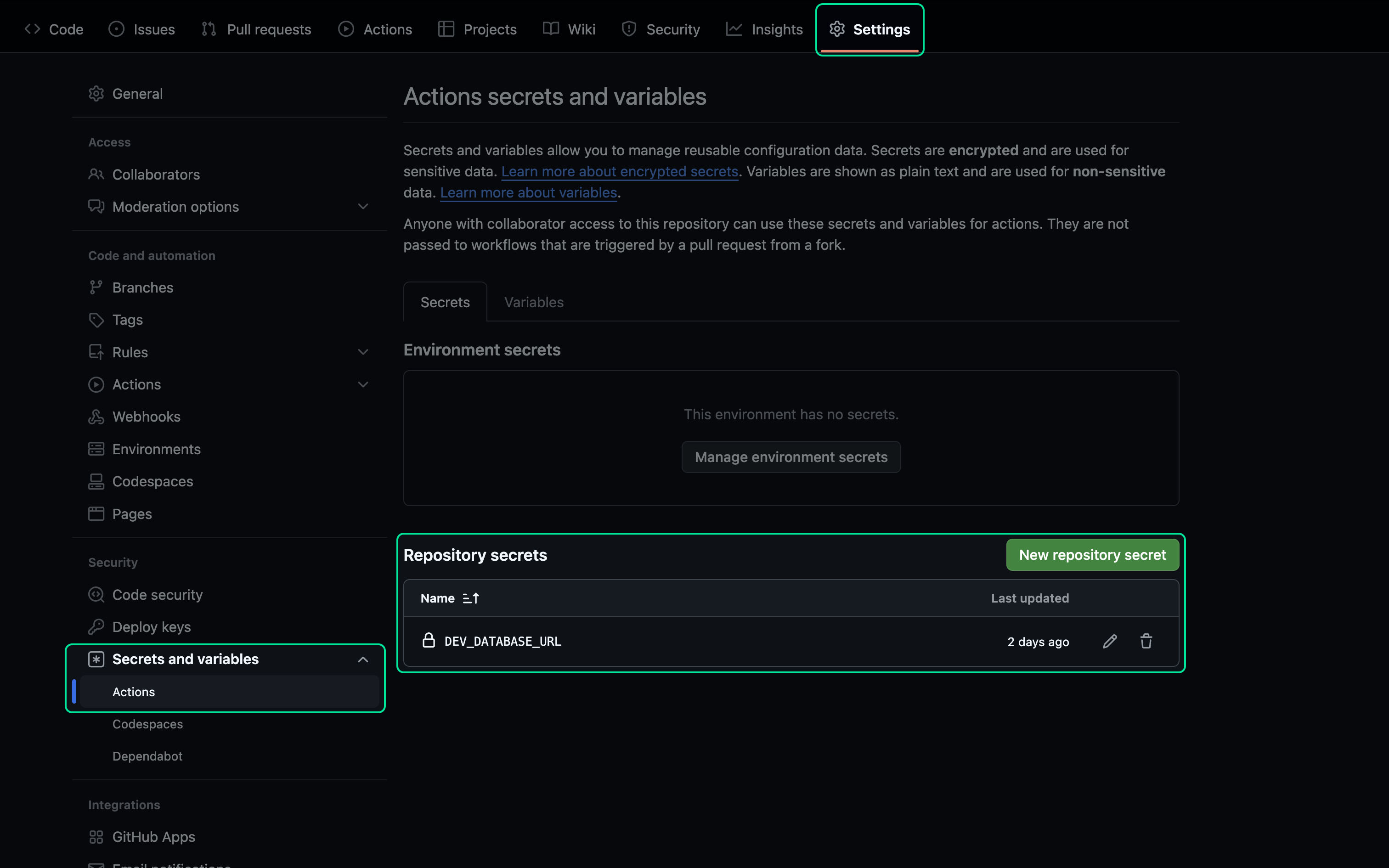 Screenshot of GitHub - Repository secrets